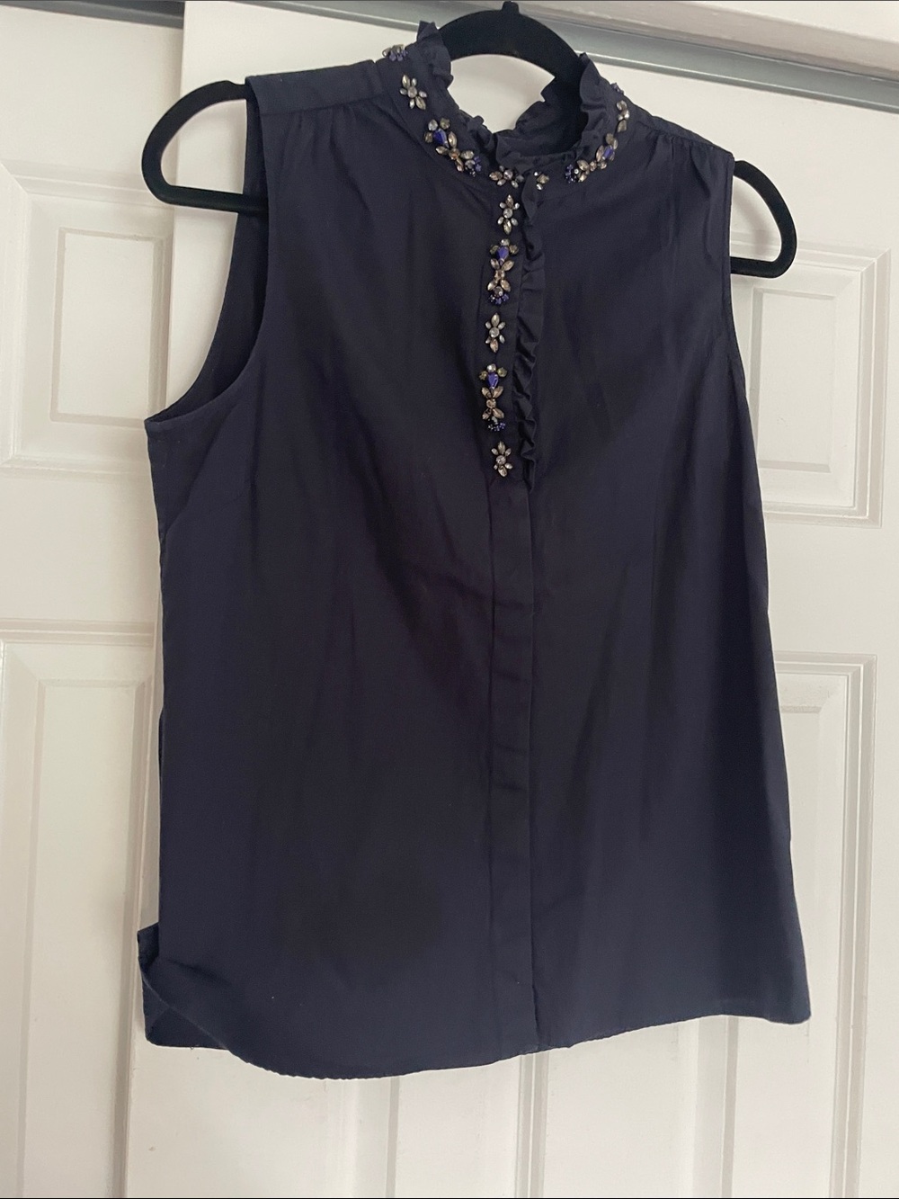 Sleeveless Navy Embellished Mock-Neck Top